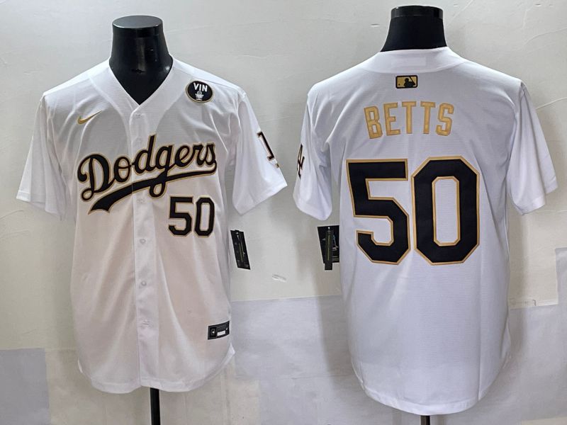 Men 2025 Los Angeles Dodgers 50 Betts White Gold Nike MLB Jersey style 6277